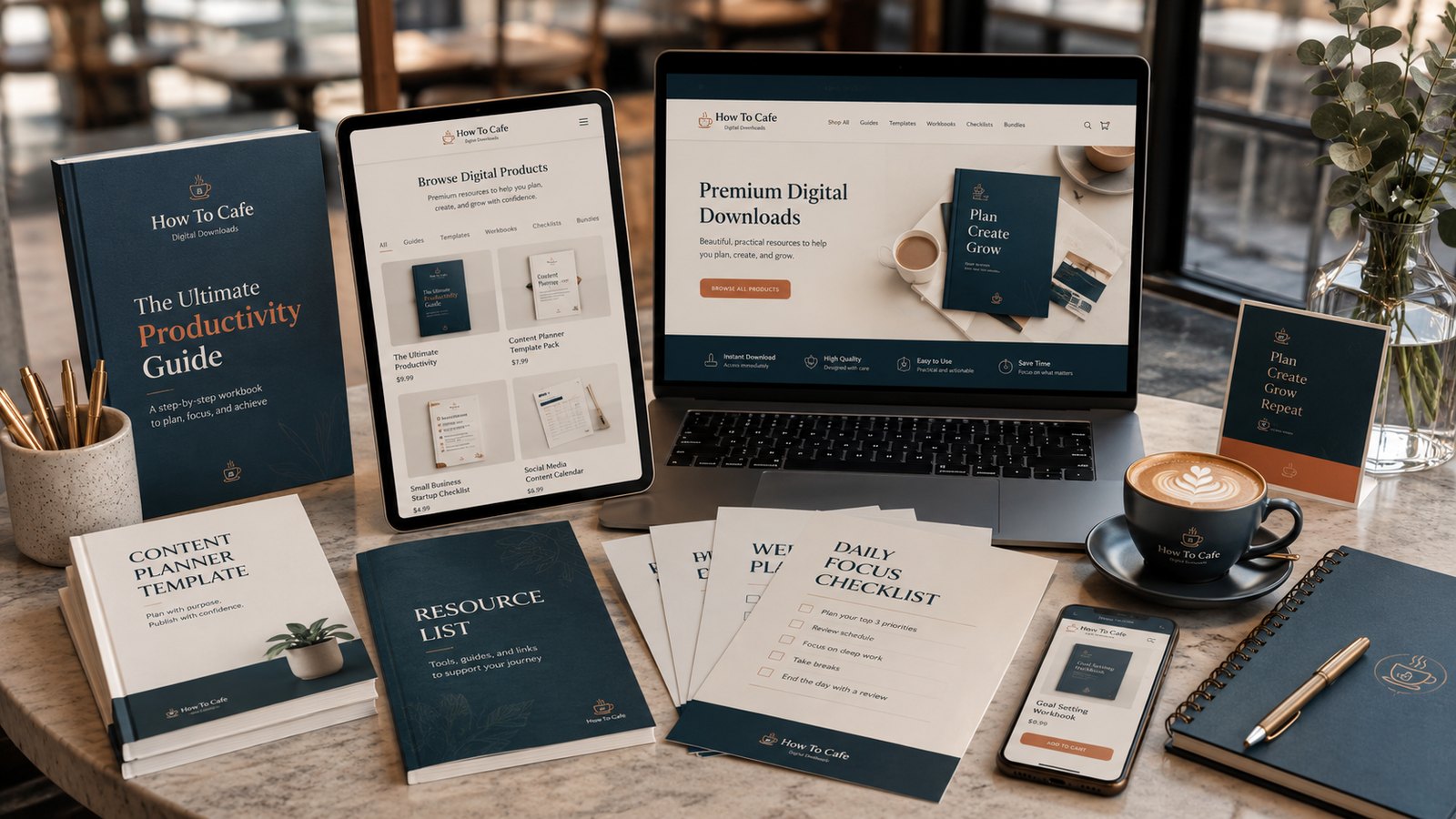 A preview spread of How To Cafe digital downloads: guides, planners, checklists, and workbooks shown across a laptop, tablet, and phone